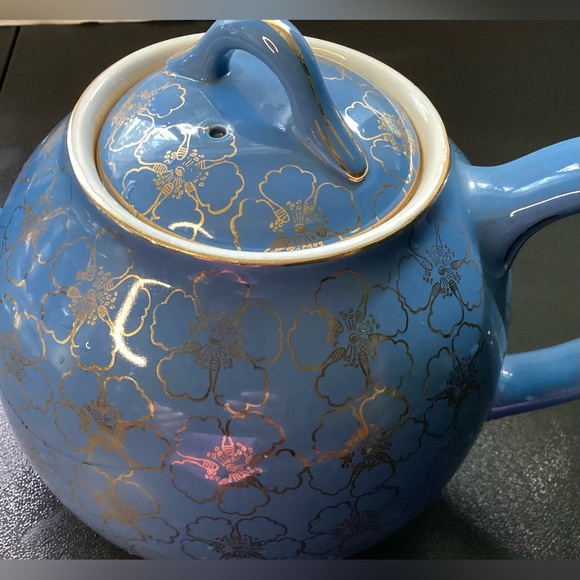 Hall Teapot French Flower Cadet Blue Periwinkle Gold Trim Vintage 1950s - Picture 6 of 14